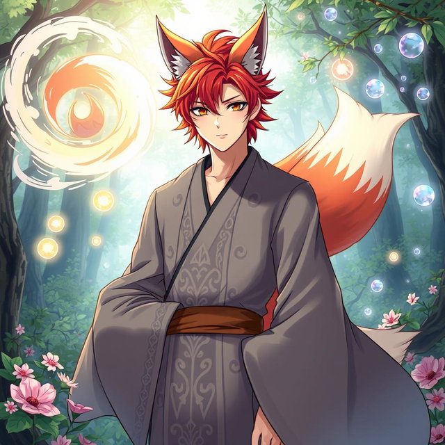 An anime-style illustration of a human Kitsune Priest, portrayed with three beautiful fox tails, elegantly dressed in a flowing grey robe embellished with intricate patterns and textures