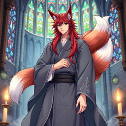 An enchanting anime-style illustration of a human Kitsune Priest with three beautiful fox tails, clad in a flowing grey robe that features intricate silver designs