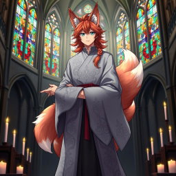 An enchanting anime-style illustration of a human Kitsune Priest with three beautiful fox tails, clad in a flowing grey robe that features intricate silver designs