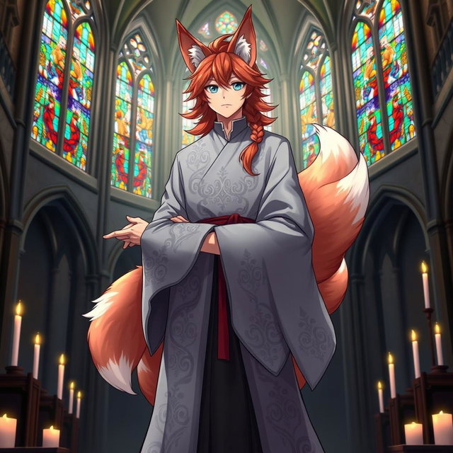 An enchanting anime-style illustration of a human Kitsune Priest with three beautiful fox tails, clad in a flowing grey robe that features intricate silver designs