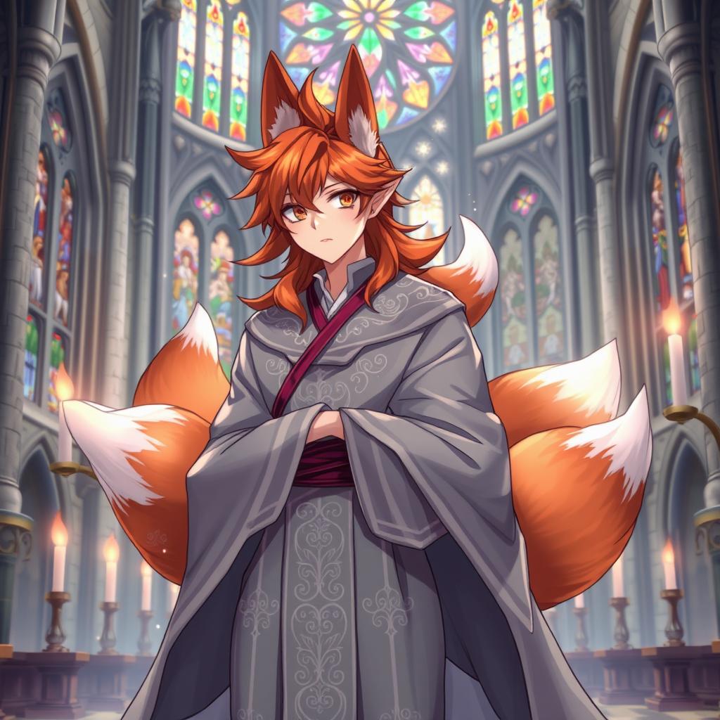 An enchanting anime-style illustration of a human Kitsune Priest with three beautiful fox tails, clad in a flowing grey robe that features intricate silver designs