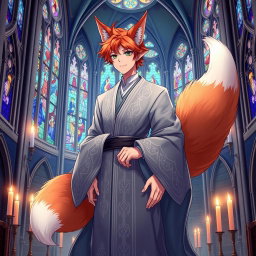 An enchanting anime-style illustration of a human Kitsune Priest with three beautiful fox tails, clad in a flowing grey robe that features intricate silver designs