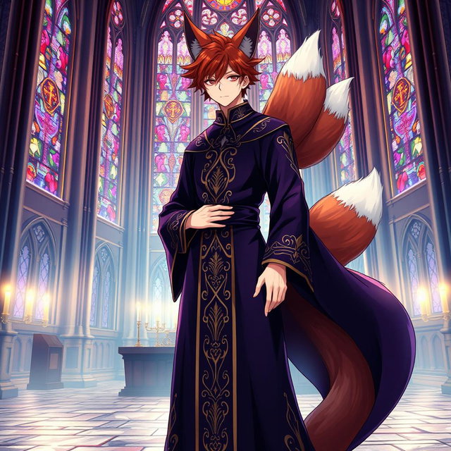 An intriguing anime-style illustration of a human Kitsune Priest with three striking fox tails, adorned in a dark purple robe that features elaborate gold and silver embroidery