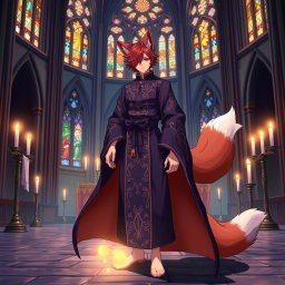 An intriguing anime-style illustration of a human Kitsune Priest with three striking fox tails, adorned in a dark purple robe that features elaborate gold and silver embroidery