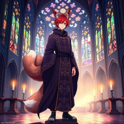 An intriguing anime-style illustration of a human Kitsune Priest with three striking fox tails, adorned in a dark purple robe that features elaborate gold and silver embroidery