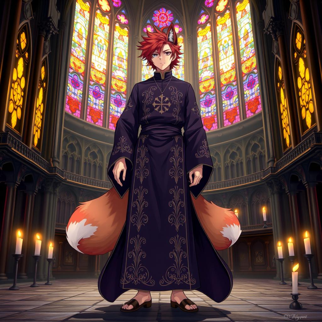 An intriguing anime-style illustration of a human Kitsune Priest with three striking fox tails, adorned in a dark purple robe that features elaborate gold and silver embroidery