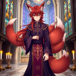 An enchanting anime-style illustration of a human Kitsune Priest with three striking fox tails, dressed in an elaborate dark purple robe adorned with intricate golden and silver designs
