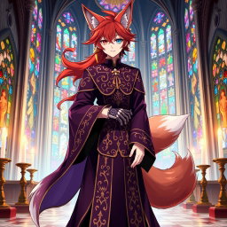 An enchanting anime-style illustration of a human Kitsune Priest with three striking fox tails, dressed in an elaborate dark purple robe adorned with intricate golden and silver designs