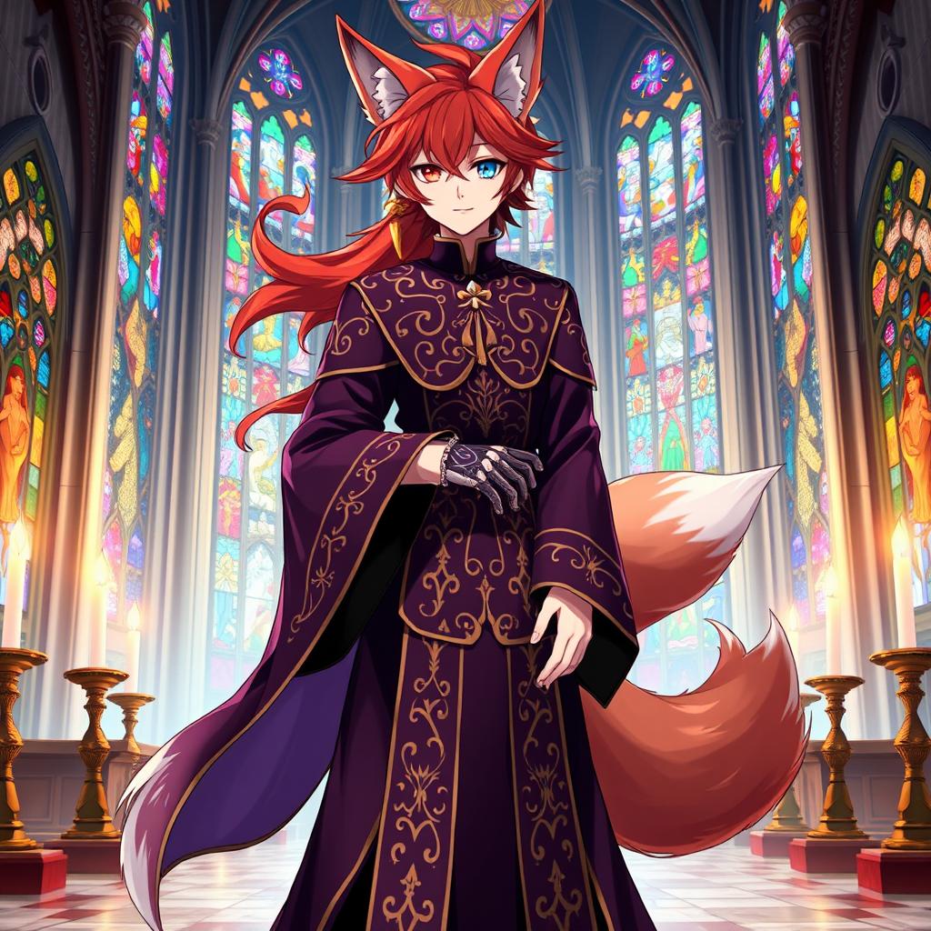 An enchanting anime-style illustration of a human Kitsune Priest with three striking fox tails, dressed in an elaborate dark purple robe adorned with intricate golden and silver designs