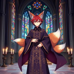 An enchanting anime-style illustration of a human Kitsune Priest with three striking fox tails, dressed in an elaborate dark purple robe adorned with intricate golden and silver designs