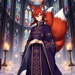 An enchanting anime-style illustration of a human Kitsune Priest with three striking fox tails, dressed in an elaborate dark purple robe adorned with intricate golden and silver designs