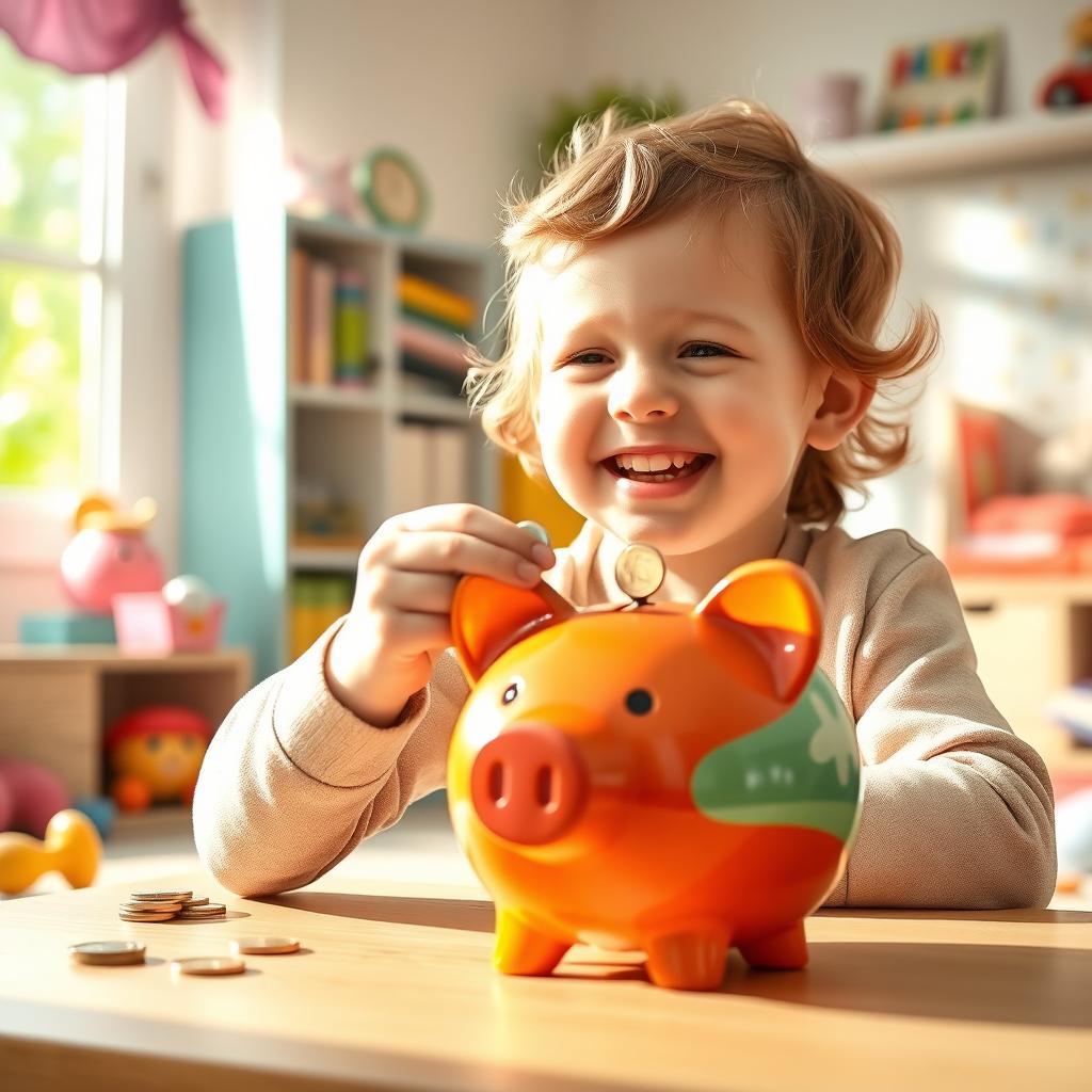 A child enthusiastically inserting coins into a colorful piggy bank, symbolizing the act of saving money for the future