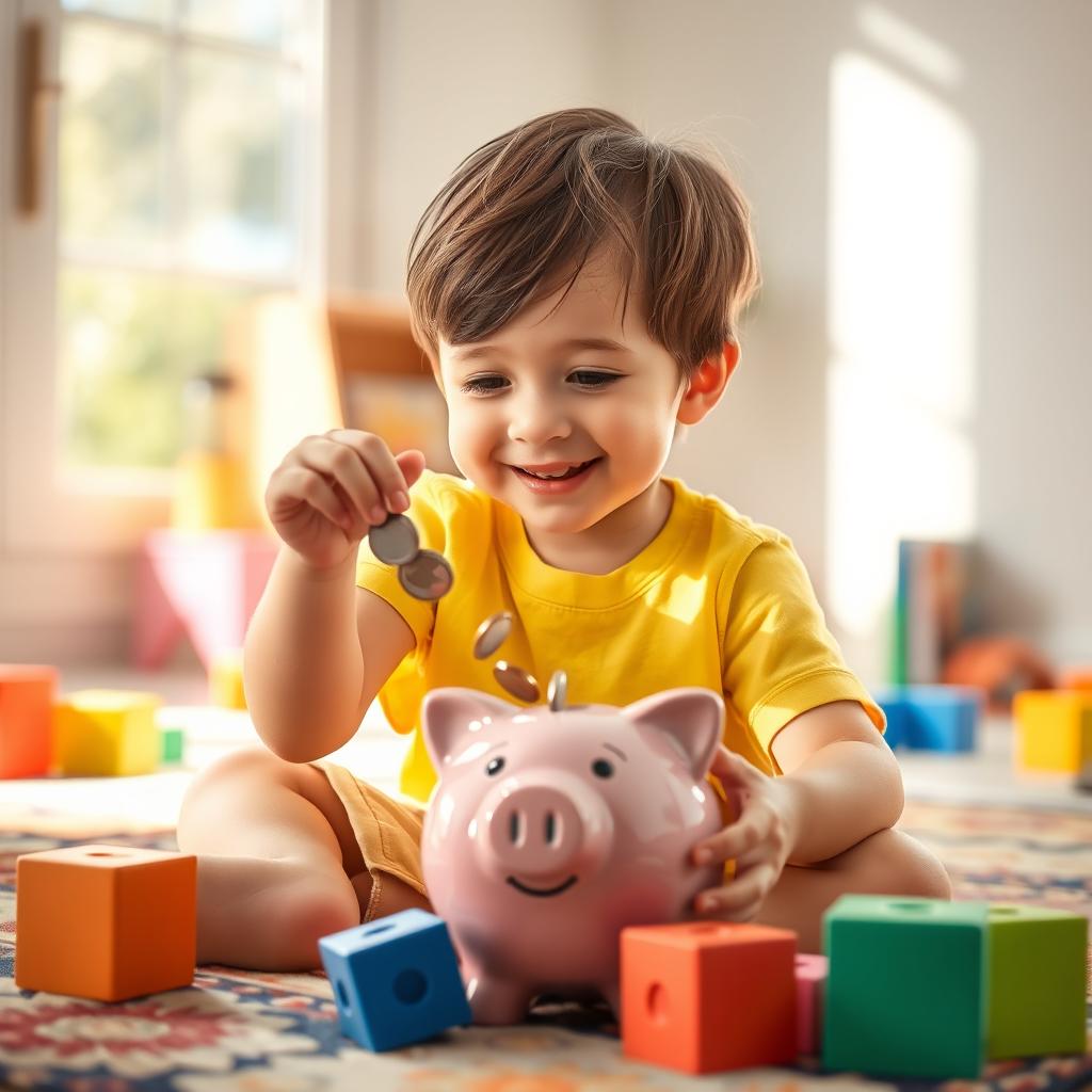 A heartwarming scene of a young child, around 5 years old, sitting on a colorful rug in a cozy, sunlit room