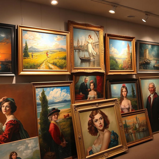A collection of beautifully crafted paintings stored for future appreciation, showcasing a variety of styles such as impressionism, modern abstract, and classical realism