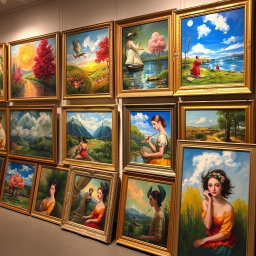 A collection of beautifully crafted paintings stored for future appreciation, showcasing a variety of styles such as impressionism, modern abstract, and classical realism