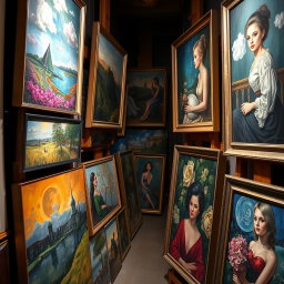 A collection of beautifully crafted paintings stored for future appreciation, showcasing a variety of styles such as impressionism, modern abstract, and classical realism