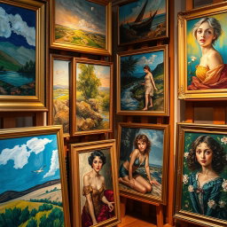 A collection of beautifully crafted paintings stored for future appreciation, showcasing a variety of styles such as impressionism, modern abstract, and classical realism