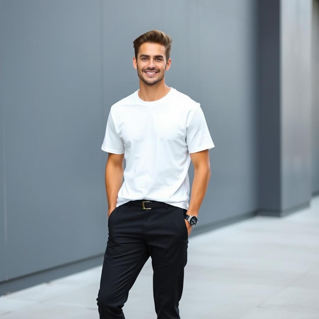 A stylish man casually dressed in a crisp white t-shirt and tailored black bottoms