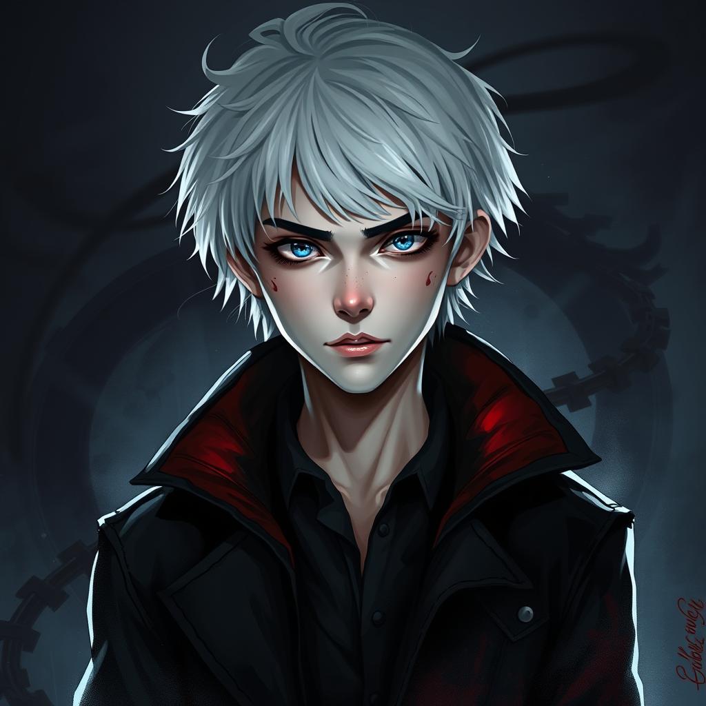 A stylized, dramatic portrait of a young man named Allen Walker, featuring his iconic white hair and blue eyes