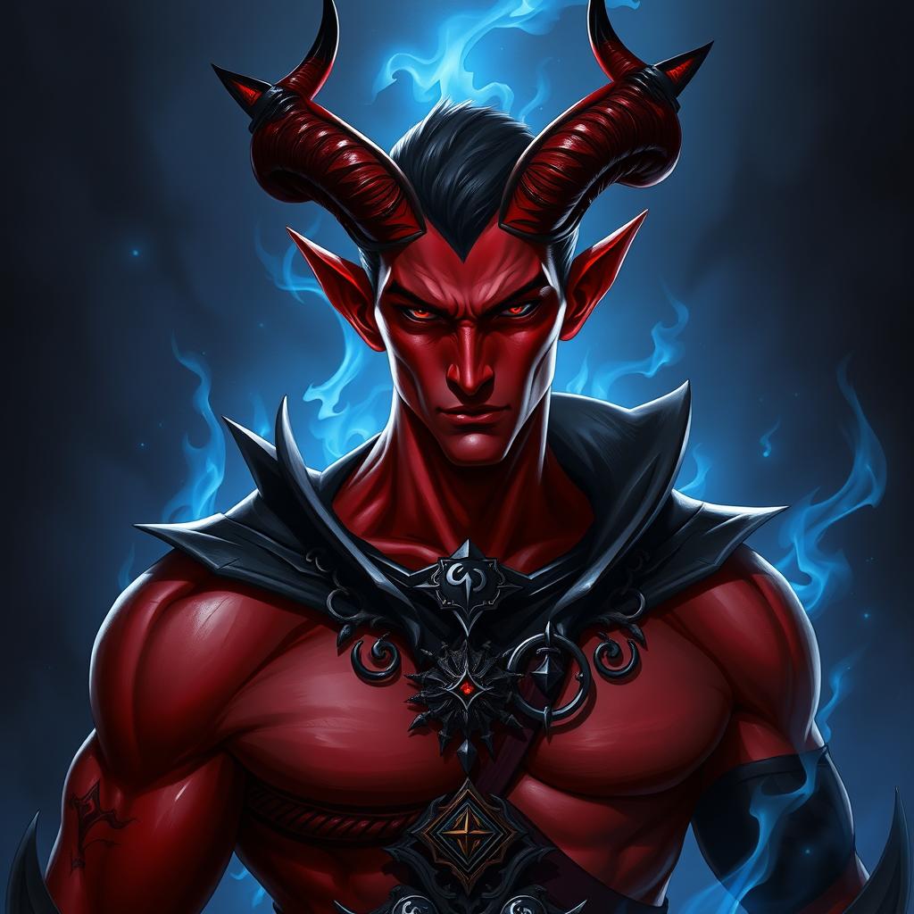 A striking character design of a half devil, half human male illrigger, showcasing a unique blend of features from both realms