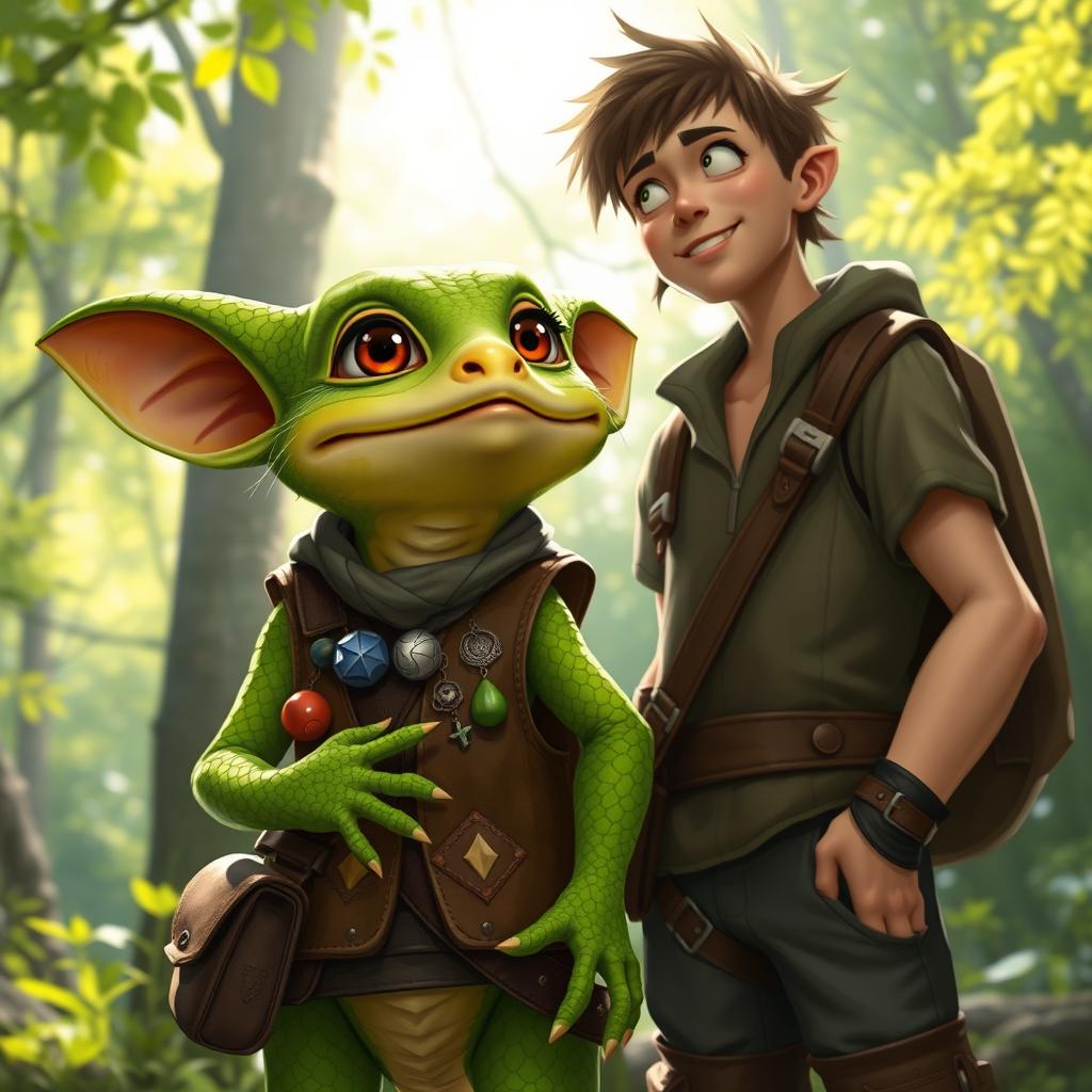 A whimsical portrayal of a kobold companion, a small, lizard-like creature often depicted in fantasy settings