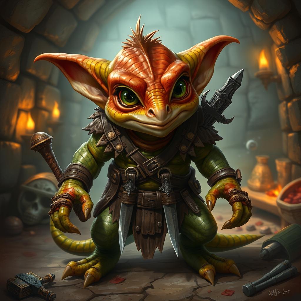 A dynamic portrayal of a Dungeons & Dragons kobold, a small, reptilian humanoid character known for its cunning and mischief