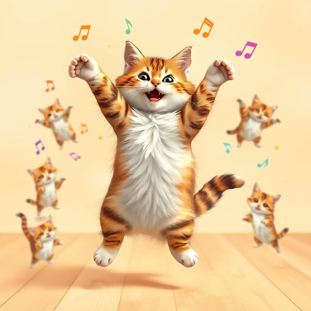 A whimsical scene of a playful cat dancing enthusiastically, showcasing its numerous charming poses and expressions frame by frame