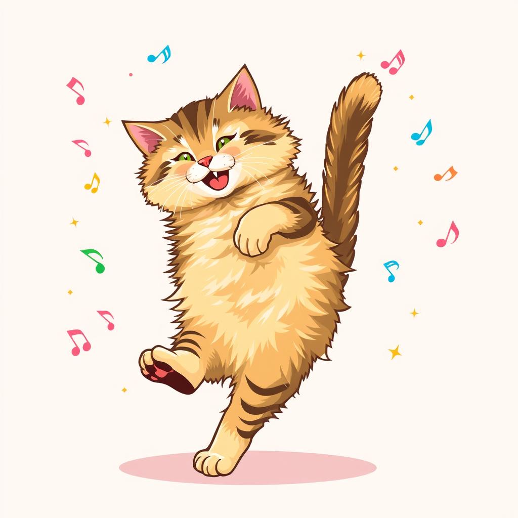 In the second frame of the dancing cat sequence, the fluffy tabby cat is caught mid-spin, with its body twisted and its tail elegantly arched high above its back