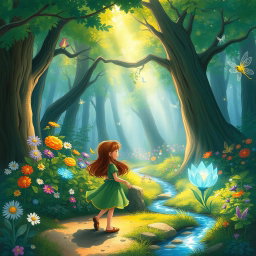 A whimsical illustration depicting a magical forest where the trees are alive and whisper secrets to each other, vibrant flowers bloom in an array of colors, and tiny fairies flit about, leaving trails of sparkling light