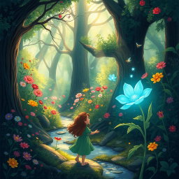 A whimsical illustration depicting a magical forest where the trees are alive and whisper secrets to each other, vibrant flowers bloom in an array of colors, and tiny fairies flit about, leaving trails of sparkling light