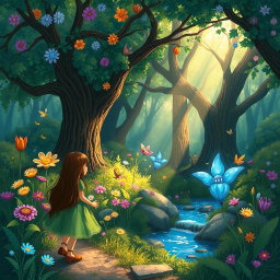 A whimsical illustration depicting a magical forest where the trees are alive and whisper secrets to each other, vibrant flowers bloom in an array of colors, and tiny fairies flit about, leaving trails of sparkling light