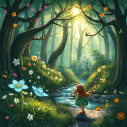 A whimsical illustration depicting a magical forest where the trees are alive and whisper secrets to each other, vibrant flowers bloom in an array of colors, and tiny fairies flit about, leaving trails of sparkling light