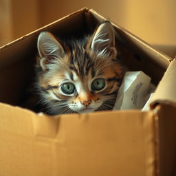 A cute, abandoned cat peeking out from inside a cardboard box
