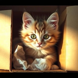 A cute, abandoned cat peeking out from inside a cardboard box