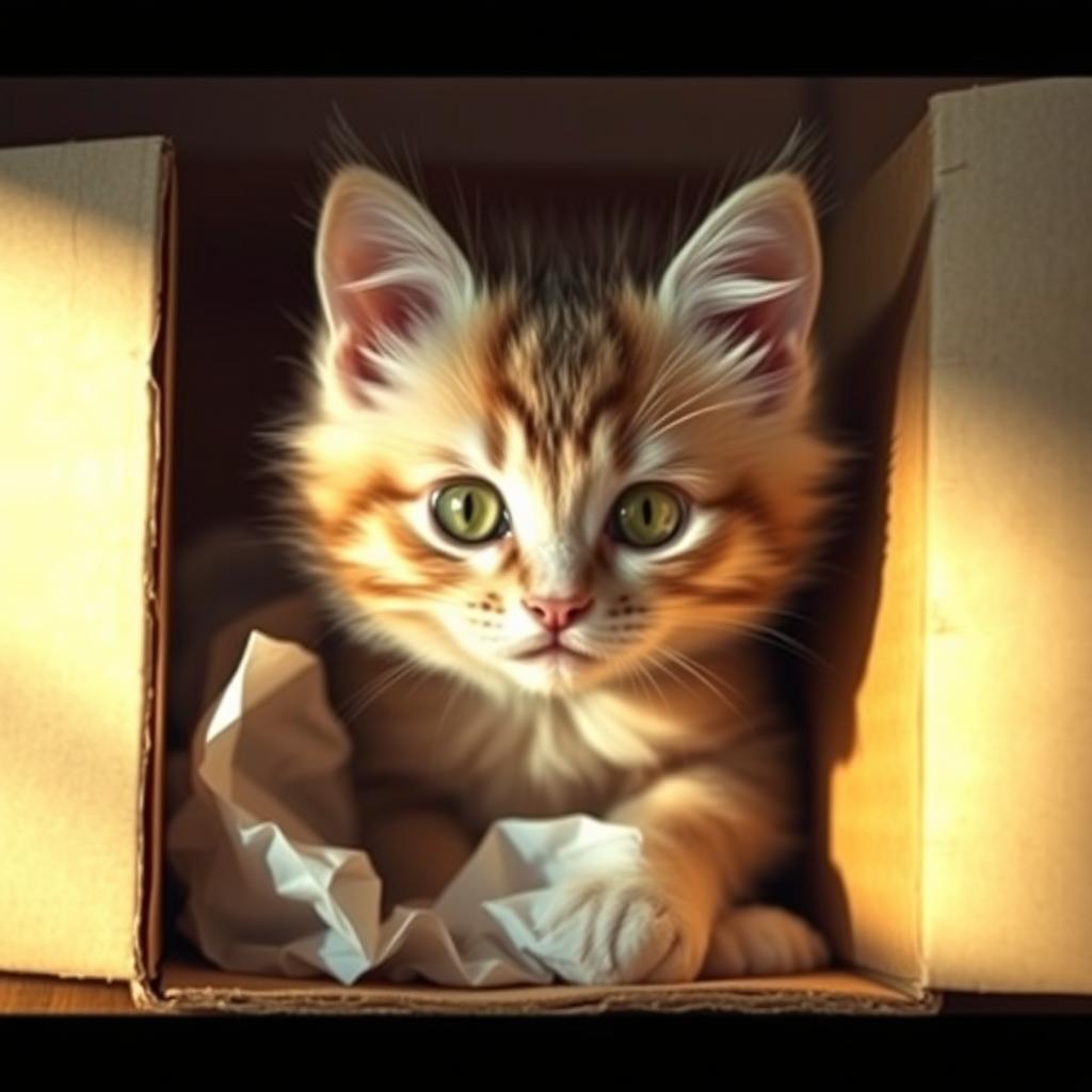 A cute, abandoned cat peeking out from inside a cardboard box