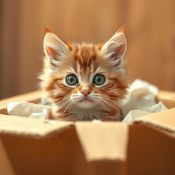 A cute, abandoned cat peeking out from inside a cardboard box