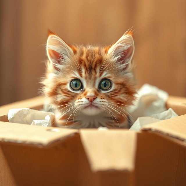 A cute, abandoned cat peeking out from inside a cardboard box