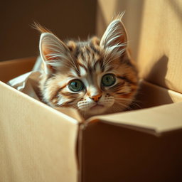 A cute, abandoned cat peeking out from inside a cardboard box