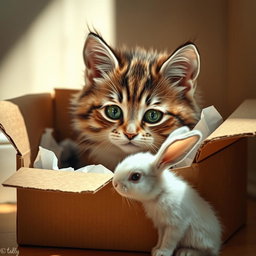A cute, abandoned cat peeking out from inside a cardboard box, with a small, curious bunny approaching it