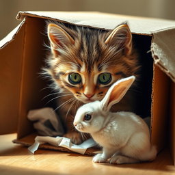 A cute, abandoned cat peeking out from inside a cardboard box, with a small, curious bunny approaching it