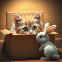 A cute, abandoned cat peeking out from inside a cardboard box, with a small, curious bunny approaching it