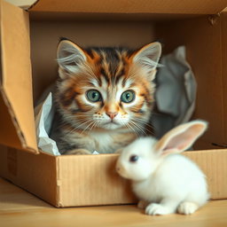 A cute, abandoned cat peeking out from inside a cardboard box, with a small, curious bunny approaching it