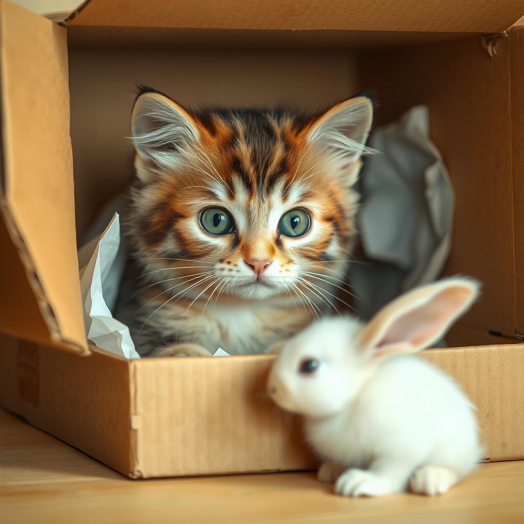 A cute, abandoned cat peeking out from inside a cardboard box, with a small, curious bunny approaching it