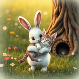 A heartwarming scene where a cute bunny gently carries an abandoned cat in its arms towards its cozy burrow