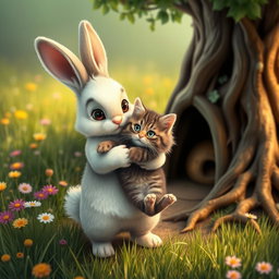 A heartwarming scene where a cute bunny gently carries an abandoned cat in its arms towards its cozy burrow