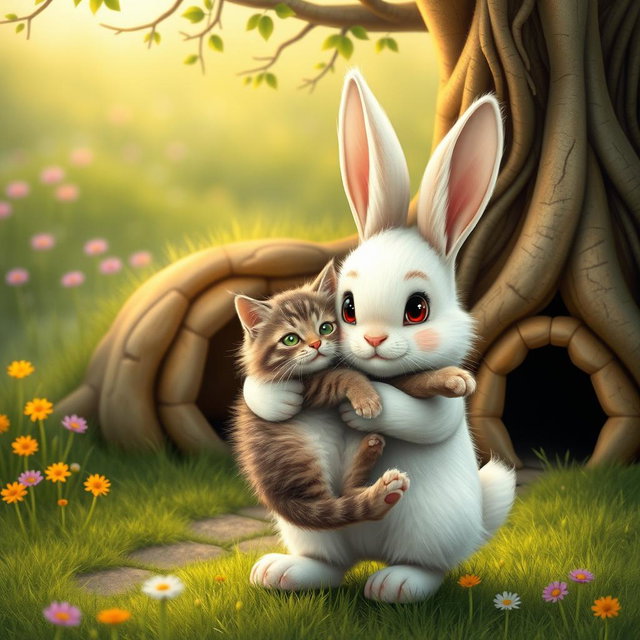 A heartwarming scene where a cute bunny gently carries an abandoned cat in its arms towards its cozy burrow