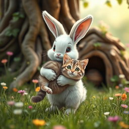 A heartwarming scene where a cute bunny gently carries an abandoned cat in its arms towards its cozy burrow