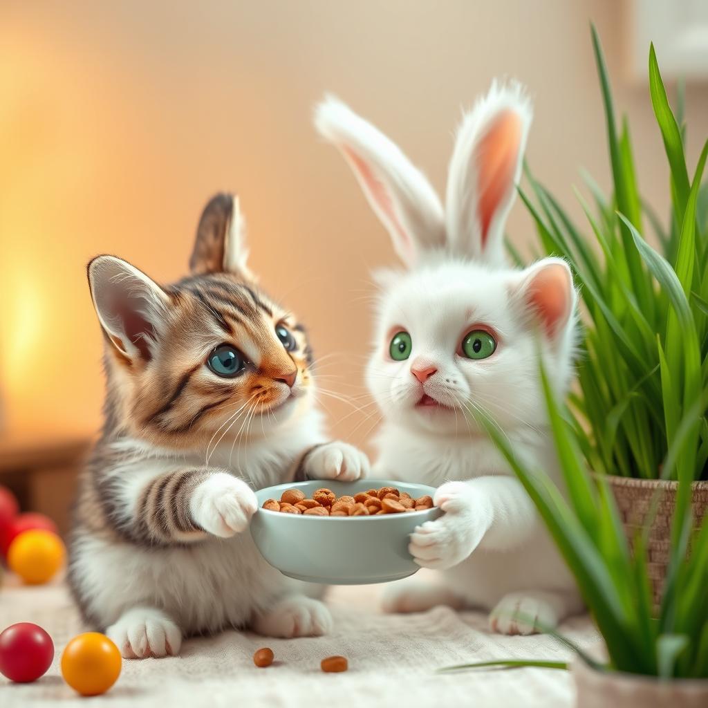 A heartwarming scene where a cute bunny is feeding an abandoned cat