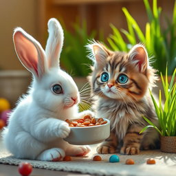 A heartwarming scene where a cute bunny is feeding an abandoned cat