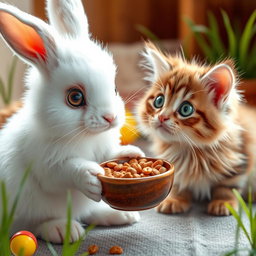 A heartwarming scene where a cute bunny is feeding an abandoned cat